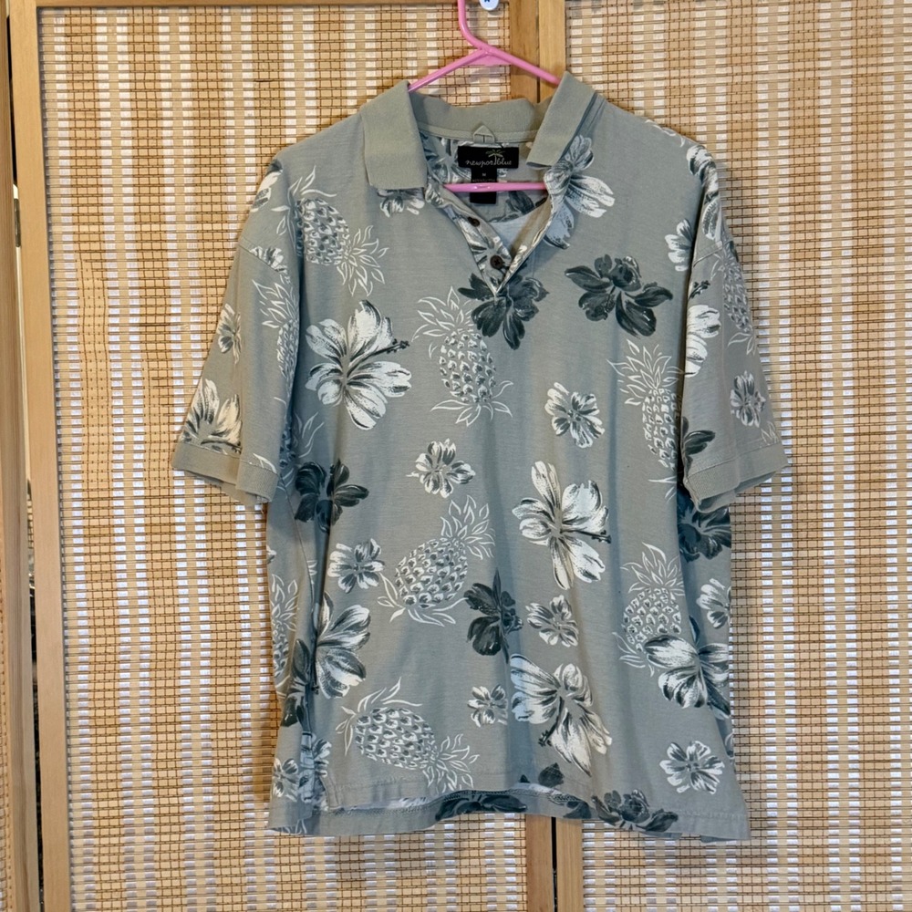 Newport Blue Mens Sage Green Tropical Pineapple Hibiscus Cotton‎ Polo Shirt M